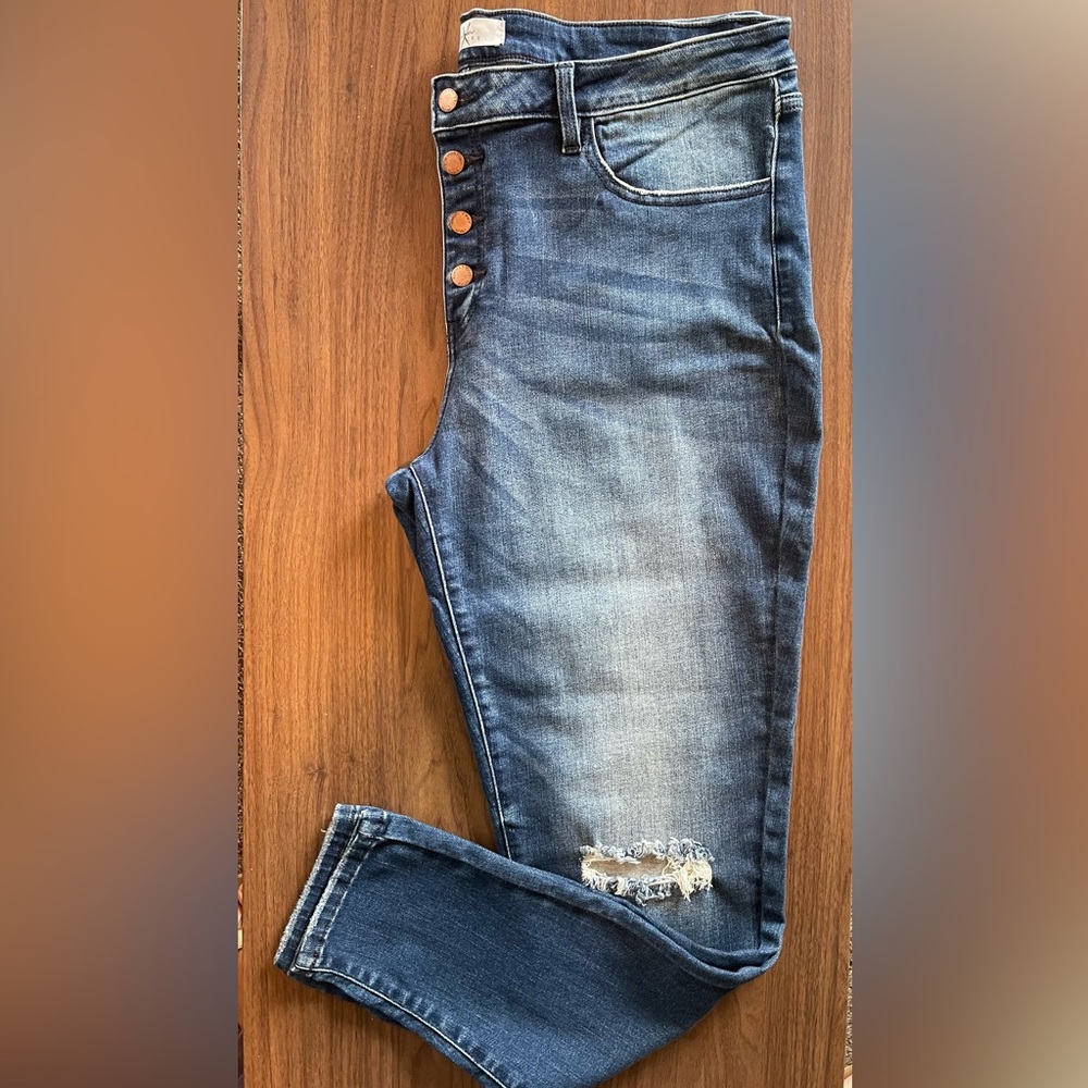 NWOT KANCAN 36 Blue Button Fly Mid Rise Distressed Ankle Skinny Jean Women